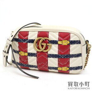 Gucci GG Marmont Shoulder Bag White Leather Quilted Chevron Chain Double